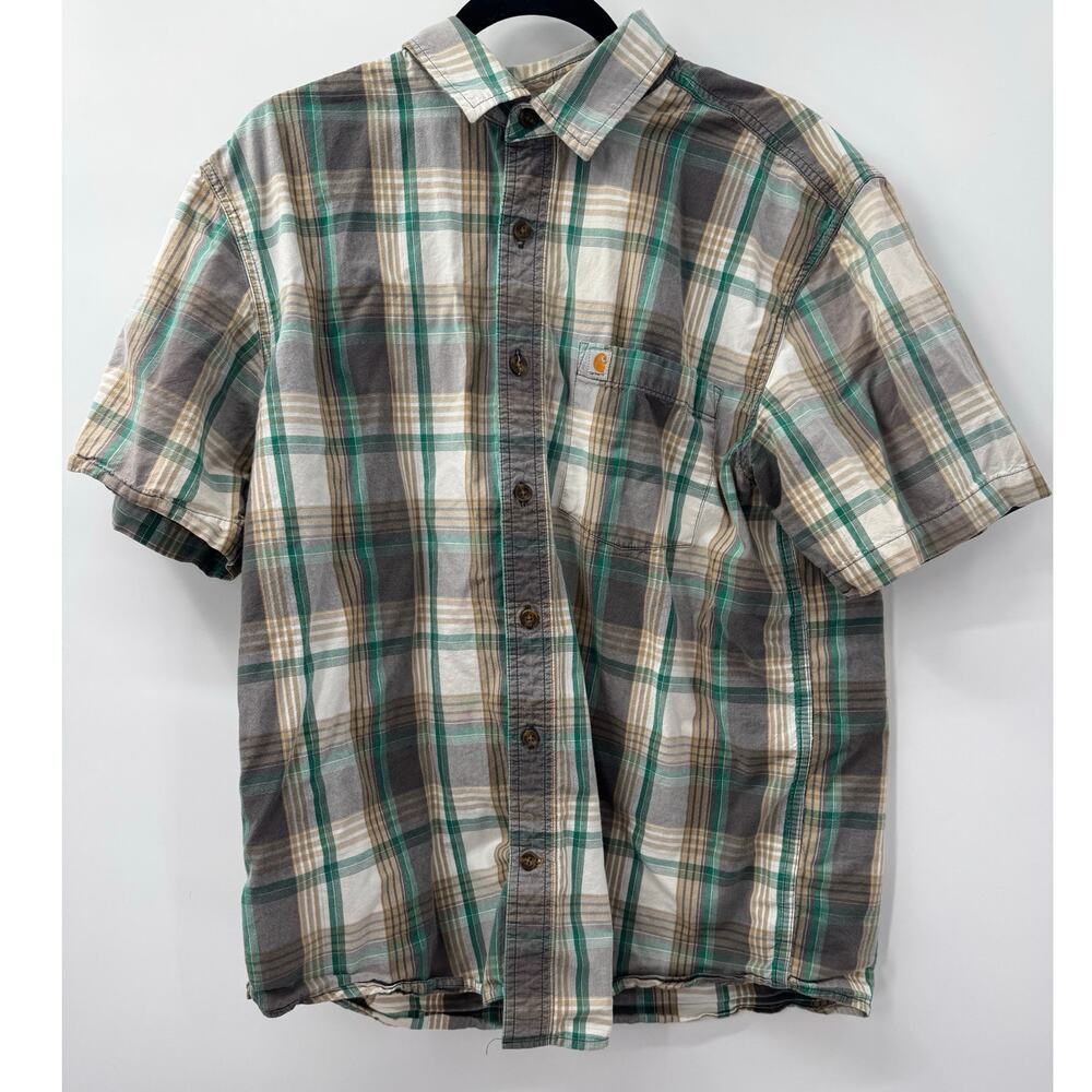 Carhartt Men's Lg Green Plaid Relaxed Fit‎ Cotton Button Down Short Sleeve Shirt